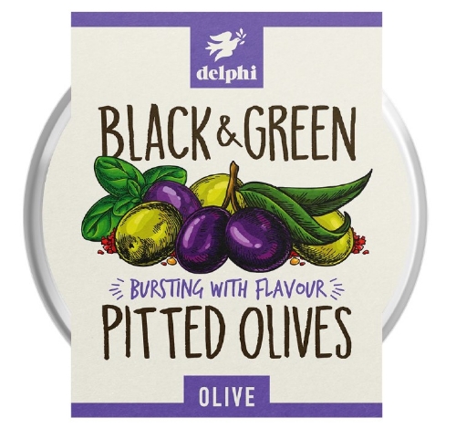 Picture of DELPHI BLACK & GREEN PITTED OLIVES 160G