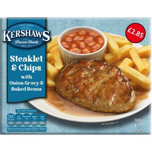 Picture of FROZEN KERSHAWS STEAKLET & CHIPS 12X360G £2.85 PMP
